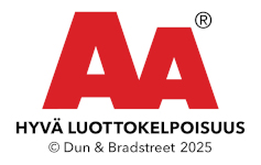 Punainen AA-logo, jossa teksti "HYVÄ LUOTTOKELPOISUUS" ja "© Dun & Bradstreet 2025" valkoisella taustalla.