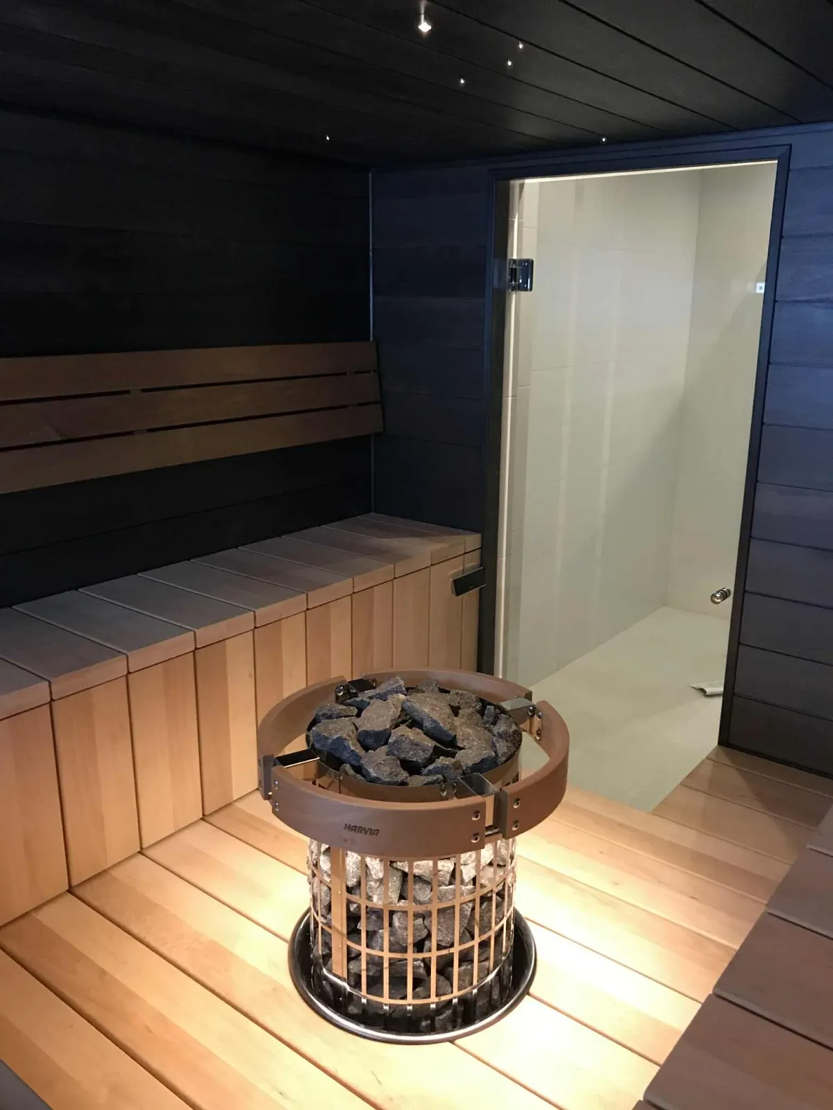 Saunan sisätila, jossa on puupenkit, kivikasa ja lasiovi, valaistus on lämmin ja tunnelmallinen.